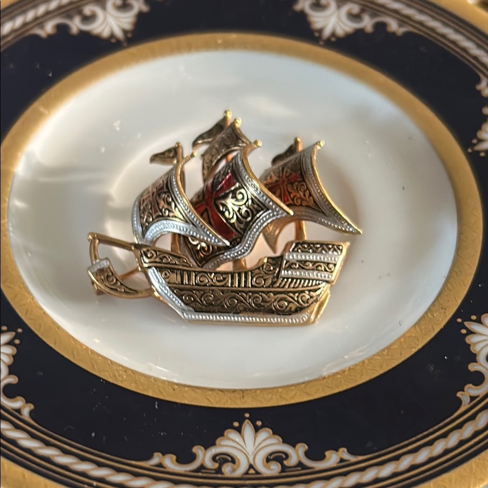 Vintage Damascene Spanish Ship Brooch Pin